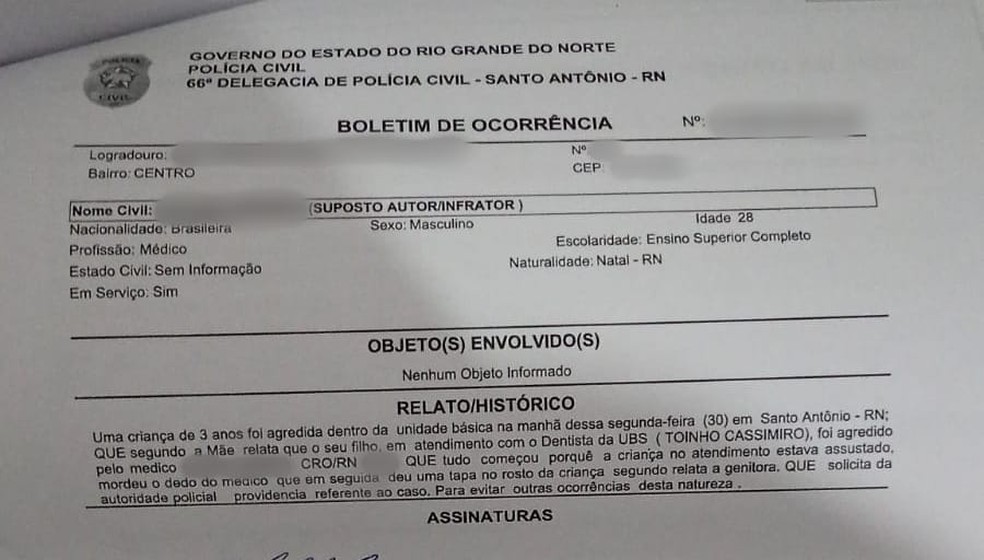 Boletim de ocorrência registrado no RN denuncia dentista de dar tapa em criança — Foto: Reprodução