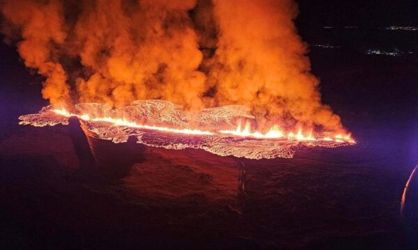 A volcano spews lava and smoke as it erupts in Reykjanes Peninsula, Iceland, January 14, 2024. Iceland Civil Protection/Handout via REUTERS THIS IMAGE HAS BEEN SUPPLIED BY A THIRD PARTY. MANDATORY CREDIT. NO RESALES. NO ARCHIVES.