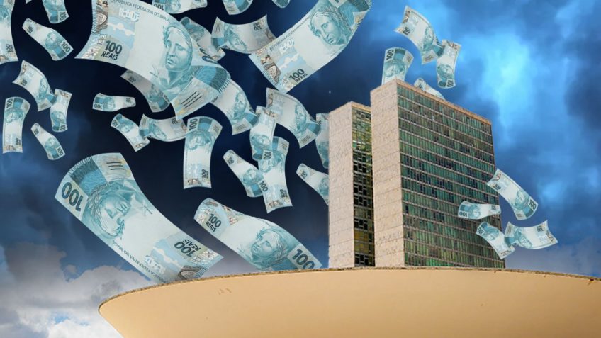 Arte mostra notas de reais caindo sobre o prédio do Congresso Nacional