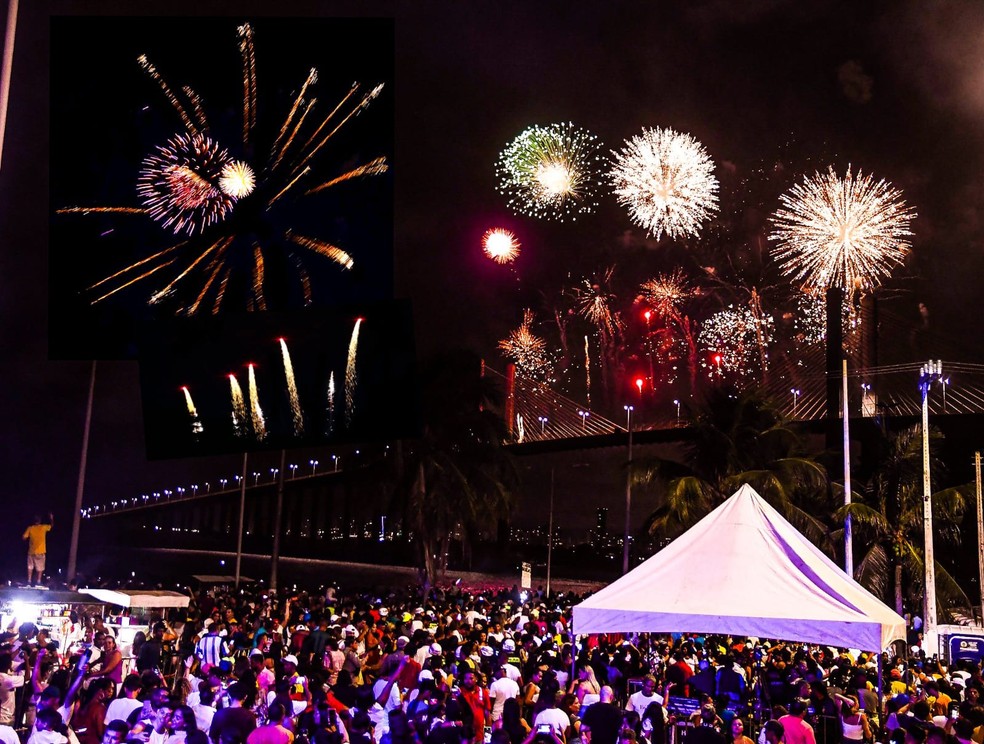 Queima de fogos na Ponte Newton Navarro, em Natal — Foto: Joana Lima