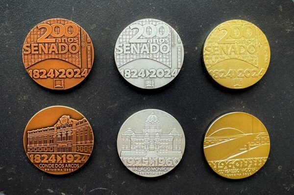 Em cada espécie é retratada uma das sedes, tendo em vista que as fachadas desses palácios constituem representações simbólicas e iconográficas do Senado, associadas à história, política, cultura e arquitetura.
No anverso da medalha, o desenho destaca uma sede: Palácio Conde dos Arcos (bronze), Palácio Monroe (prata) e Palácio do Congresso Nacional (prata dourada). No reverso, elementos modernistas, característicos da arquitetura da atual Casa, compõem a inscrição 200 anos do Senado.