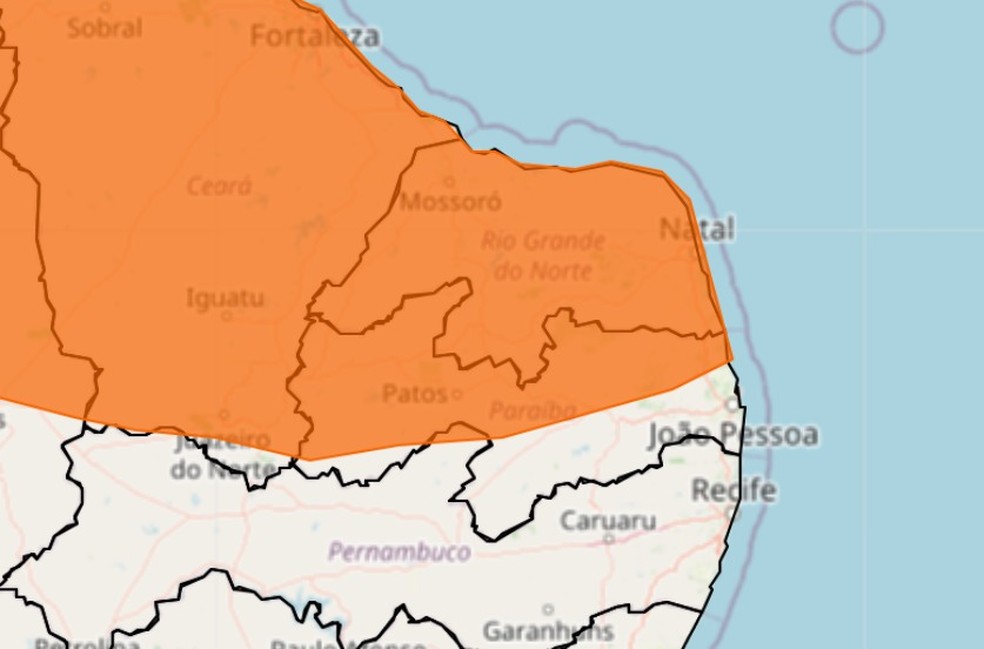 Alerta de perigo de chuvas intensas abrange todo o Rio Grande do Norte — Foto: Inmet/Reprodução