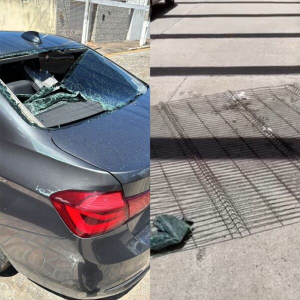 Carro ficou com o vidro destruído após grade cair — Foto: Cedida