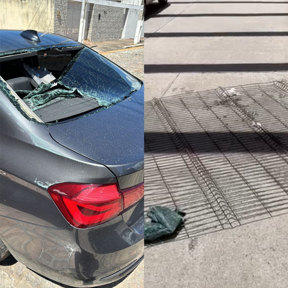 Carro ficou com o vidro destruído após grade cair — Foto: Cedida
